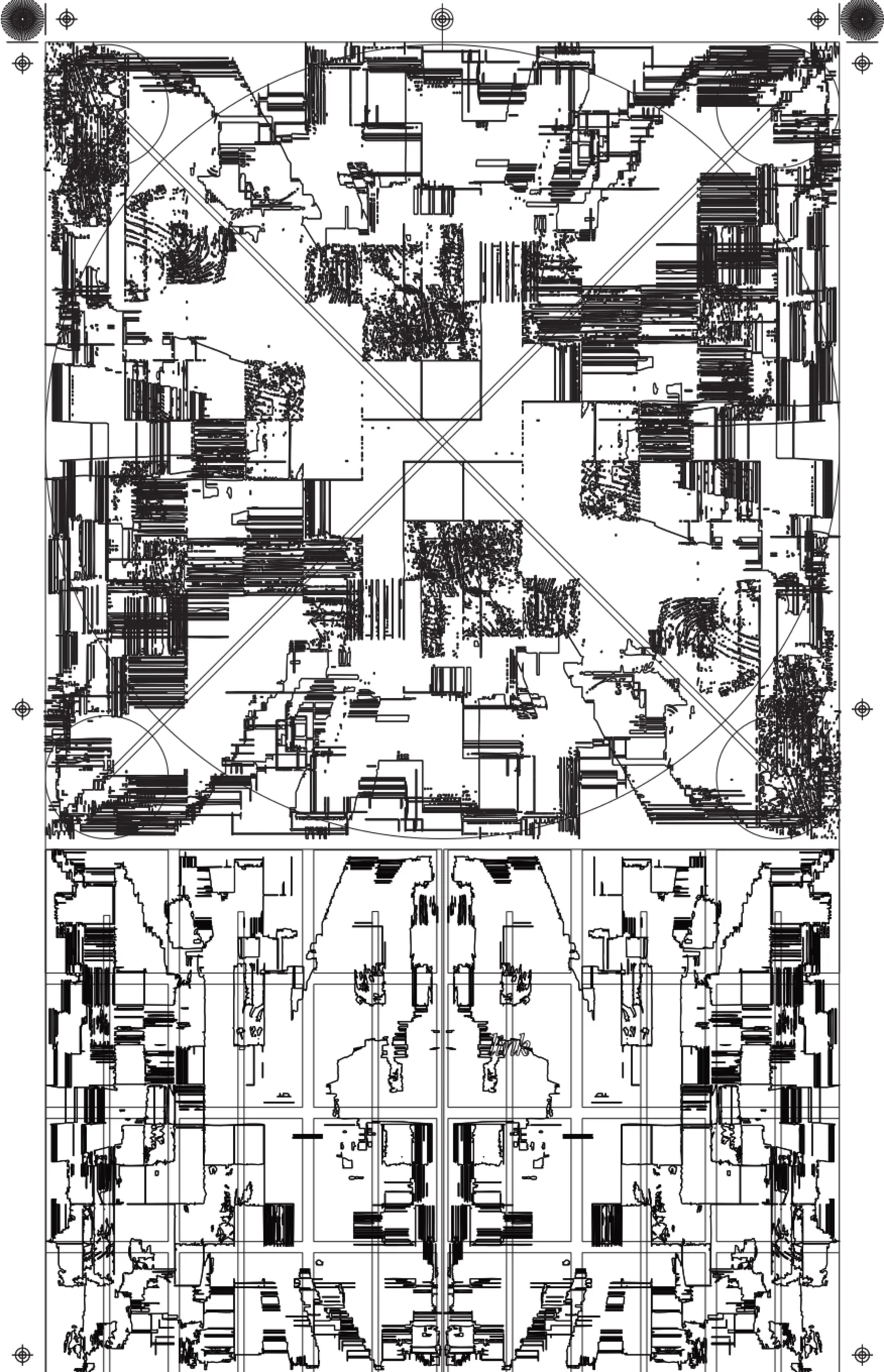 The printed graphic: a dense field of stepped horizontal strokes and torn edges filling a square, with a second banded panel below it, registration marks at the corners.