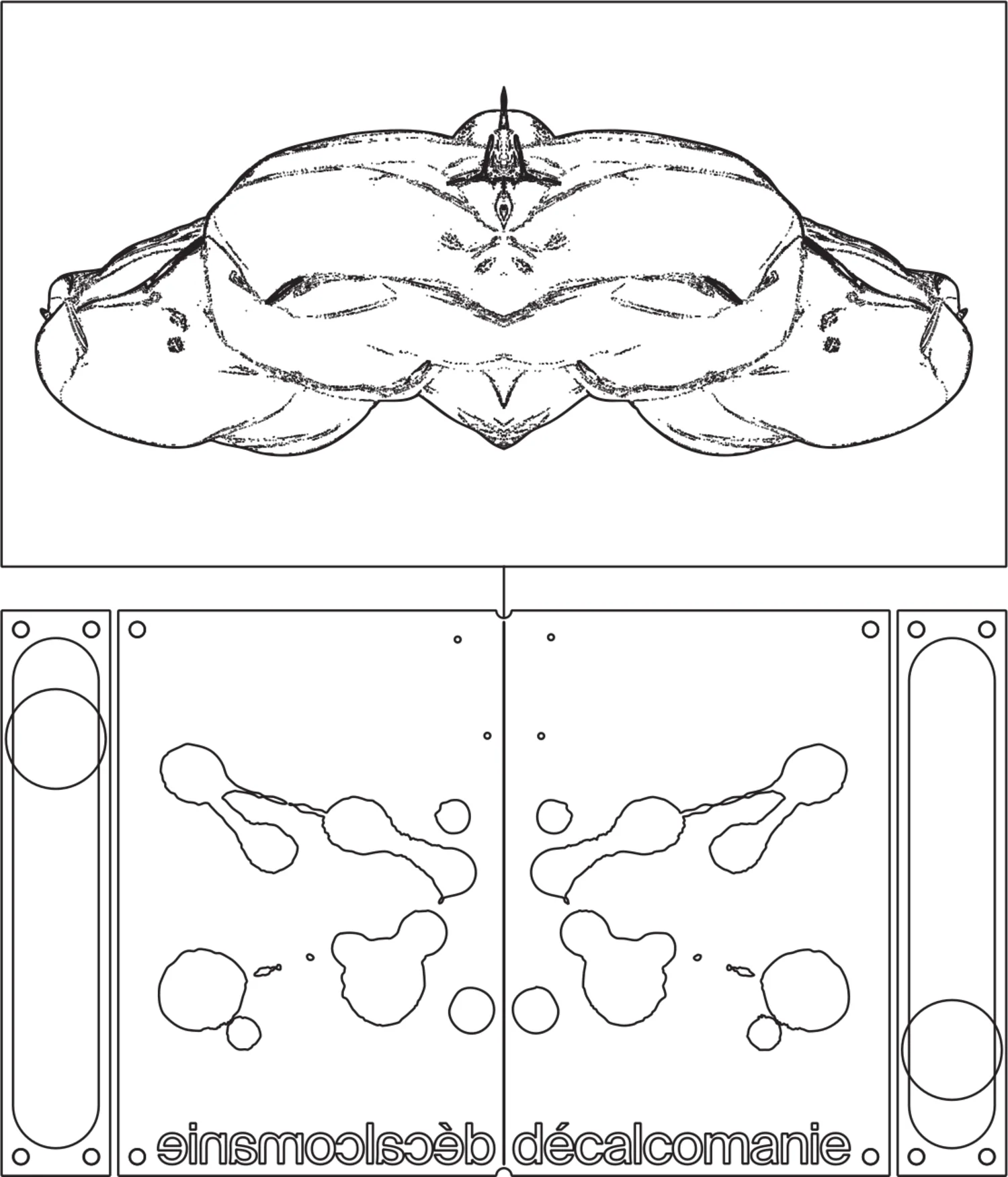 The printed graphic: a symmetrical ink-blot form drawn in outline above a panel layout in which blot shapes and circles sit inside rectangular plates, the word décalcomanie mirrored across the centre.