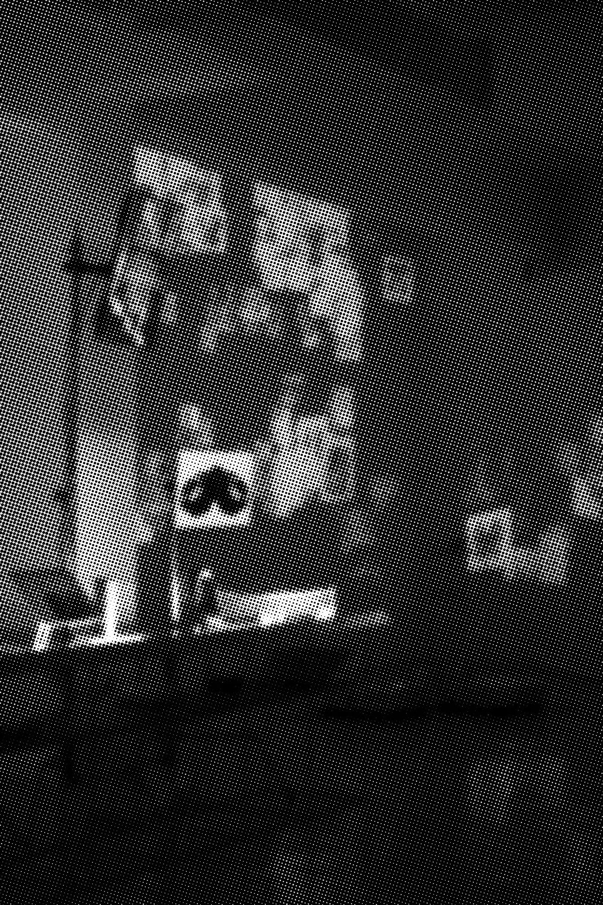 The single channel display photographed close: a coarse dither pattern in which shelved objects and a dark blot-like shape resolve out of black and white dots.
