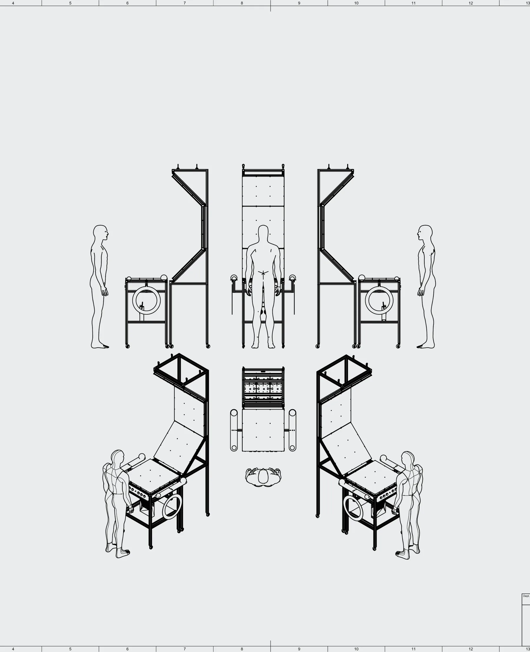 Six-view technical drawing of the rig with standing human figures for scale: side, front and two isometric views showing the folded display arm, the table and the circular coil holder.